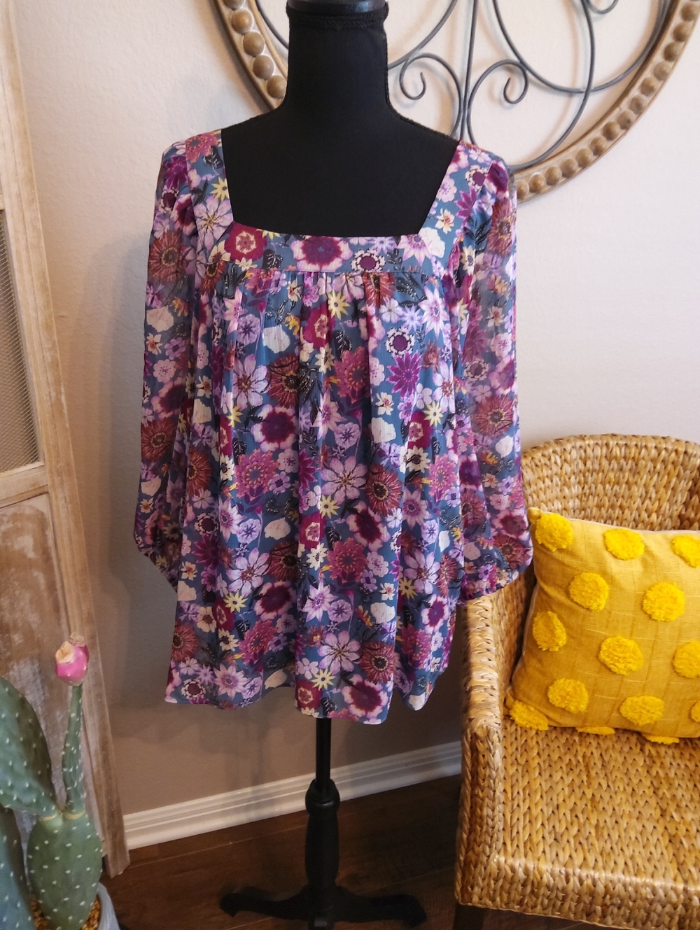 LC Lauren Conrad Purple Floral Square-Neck Blouse